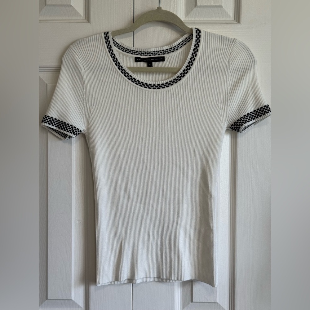White house Black Market Ribbed knit  sweater with Black Accents neckline. S